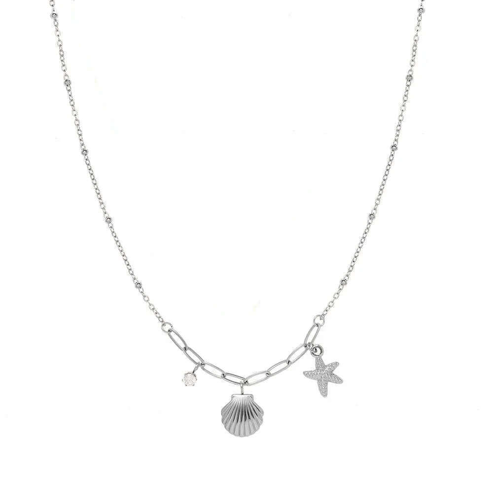 Ceyrah silver necklace with shell, starfish, and crystal charms on fine chain