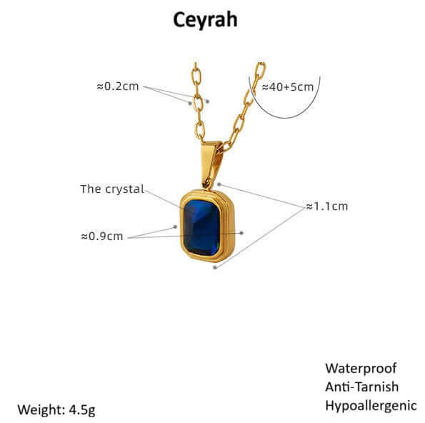 Ceyrah gold blue stone pendant necklace on white background with measurements