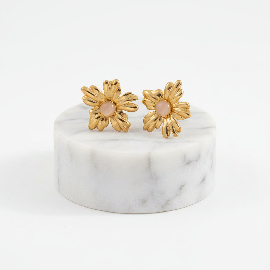 Gold Floral Stud Earrings with Cream Pearl on white background