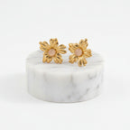 Gold Floral Stud Earrings with Cream Pearl on white background