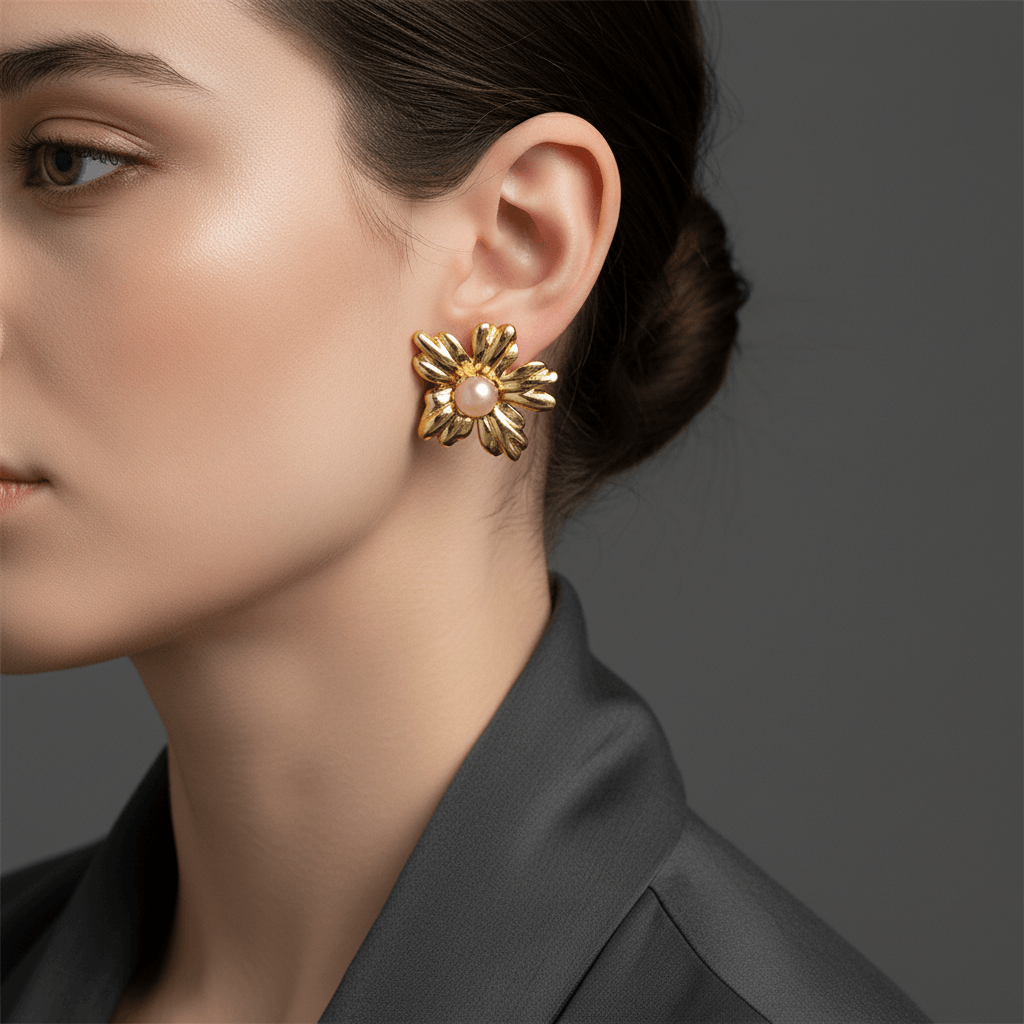 Gold Floral Stud Earrings with Cream Pearl model wearing