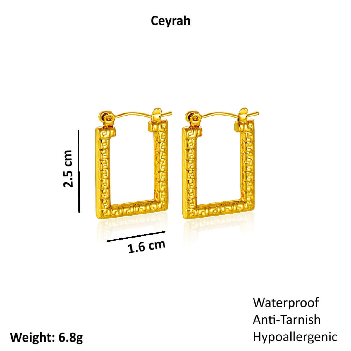 Modern Gold Rectangular Hoop Earrings with measurements