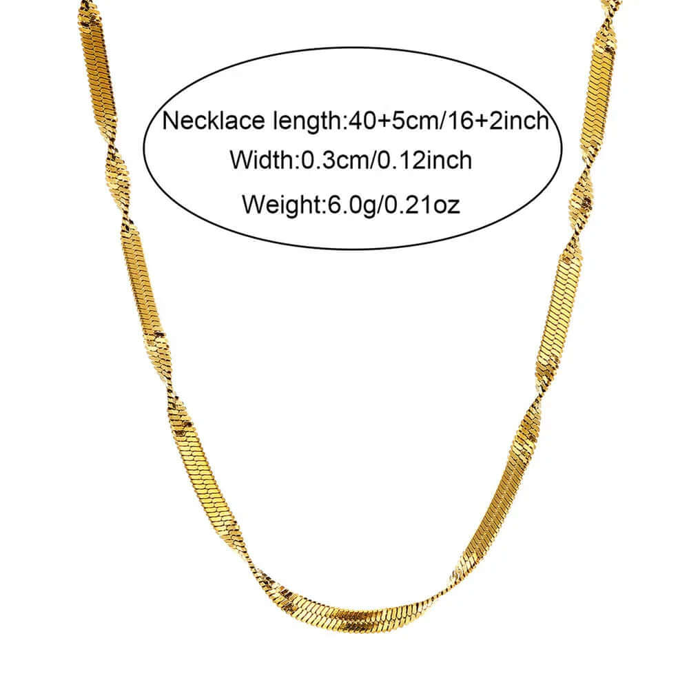 Ceyrah gold twisted flat chain necklace, 16+2 inch length, 0.12 inch width, 6g weight.