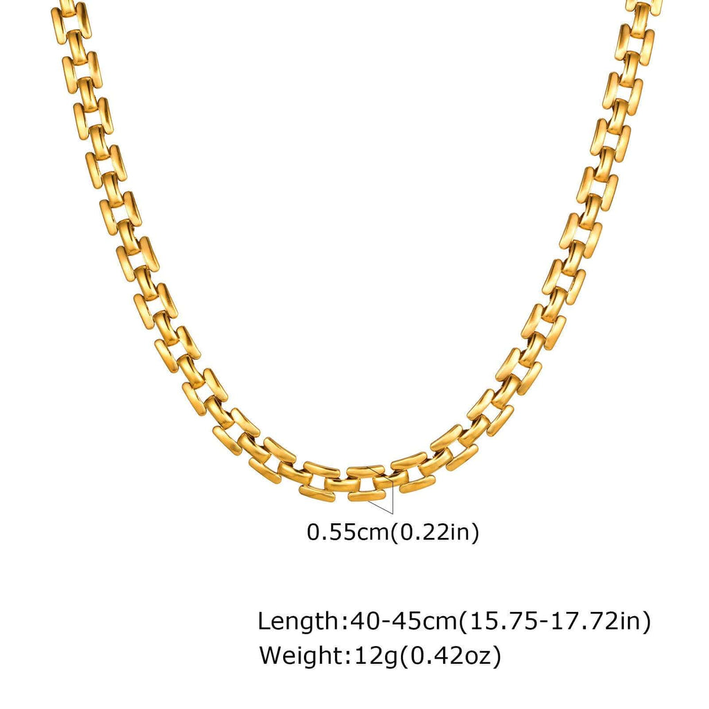 Rectangular Link Chain Necklace showing gold elongated links and specifications for length, weight, and link width.