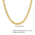 Rectangular Link Chain Necklace showing gold elongated links and specifications for length, weight, and link width.