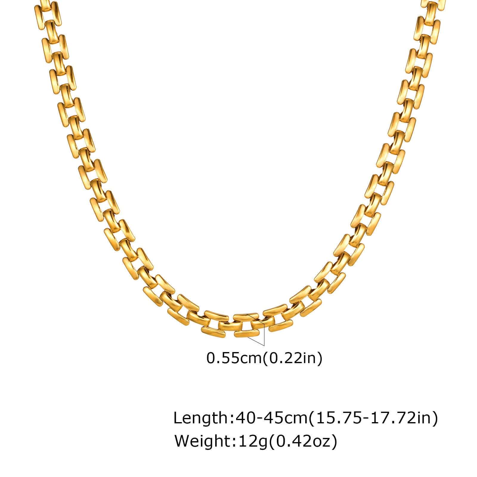 Rectangular Link Chain Necklace showing gold elongated links and specifications for length, weight, and link width.