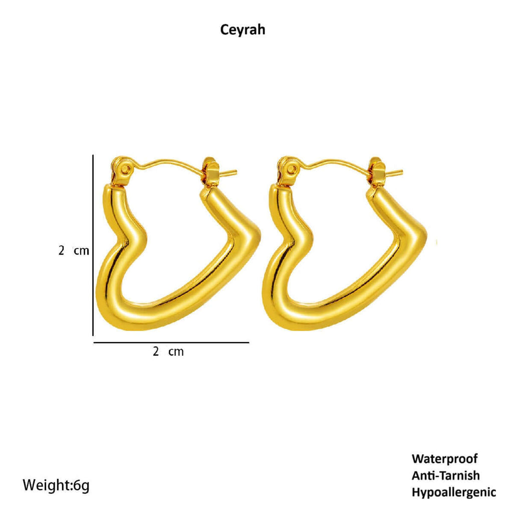Gold hoop earrings with measurements and product details on a white background