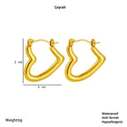Gold hoop earrings with measurements and product details on a white background