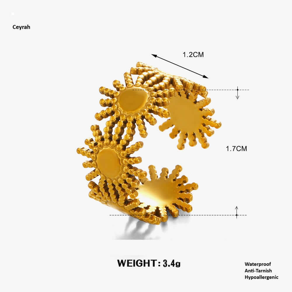 Gold Sunburst Adjustable Ring with measurements 