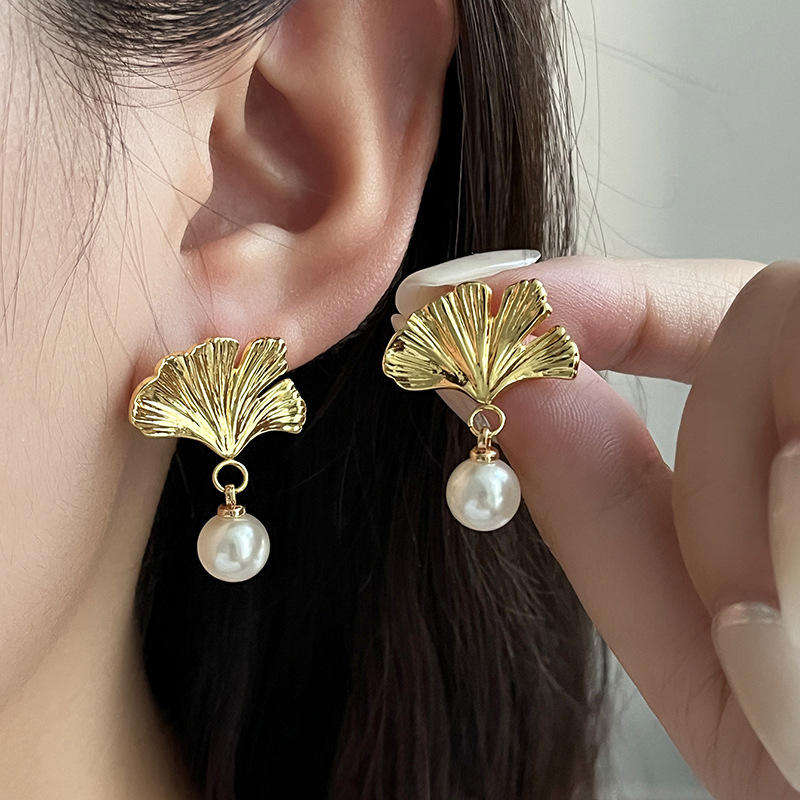 Gold Ginkgo Leaf Pearl Drop Earrings