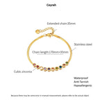 Ceyrah gold bracelet with colorful gemstones, adjustable chain with measurements