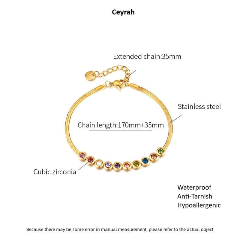 Ceyrah gold bracelet with colorful gemstones, adjustable chain with measurements