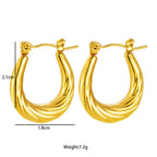Twisted U Shaped Gold Hoop Earrings with measurements and weight on a white background