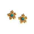 Gold Floral Stud Earrings with Turquoise Centre on a beige and white background