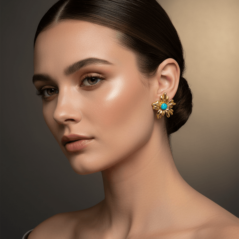 Gold Floral Stud Earrings with Turquoise Centre worn by a model, showcasing their elegant design and vibrant colors.