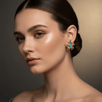 Gold Floral Stud Earrings with Turquoise Centre worn by a model, showcasing their elegant design and vibrant colors.