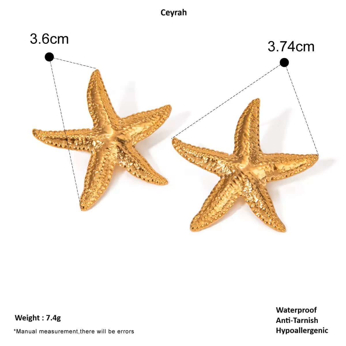 Gold Starfish Stud Earrings with measurements 
