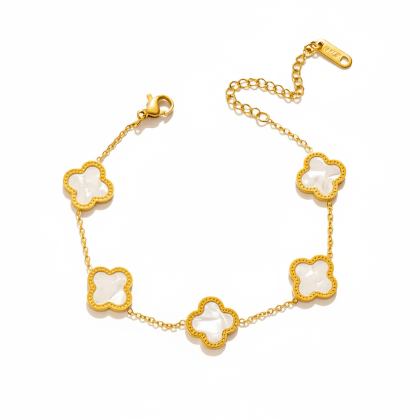Gold bracelet with five clover-shaped white inlays on delicate chain, Ceyrah jewelry