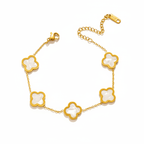 Gold bracelet with five clover-shaped white inlays on delicate chain, Ceyrah jewelry
