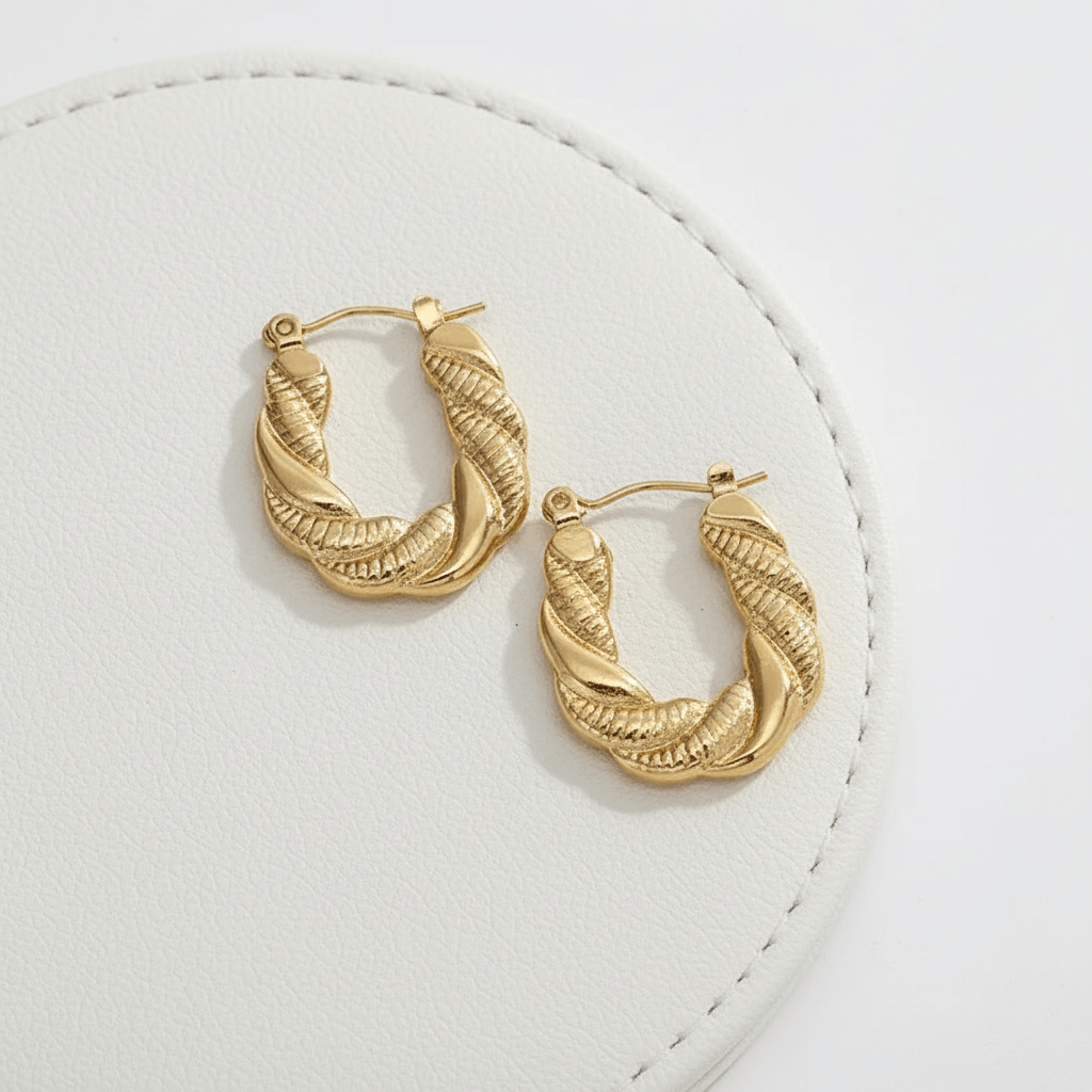 Gold Twisted Rope Hoop Earrings on a white background