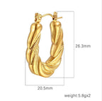 Gold Twisted Rope Hoop Earrings with measurements on a white background
