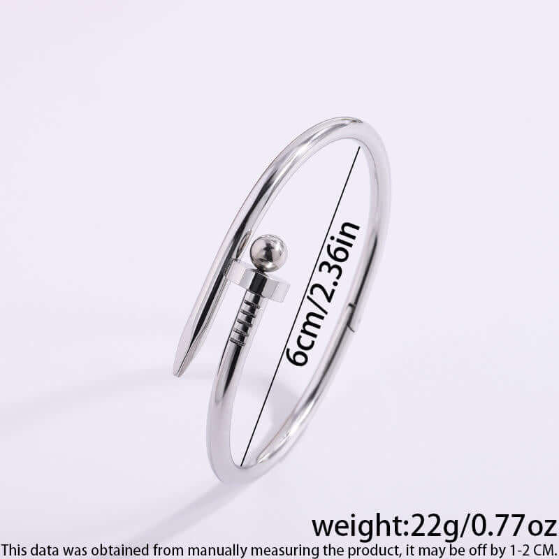 Bread Nail Bangle Bracelet displayed, showcasing its sleek design and durable stainless steel craftsmanship.