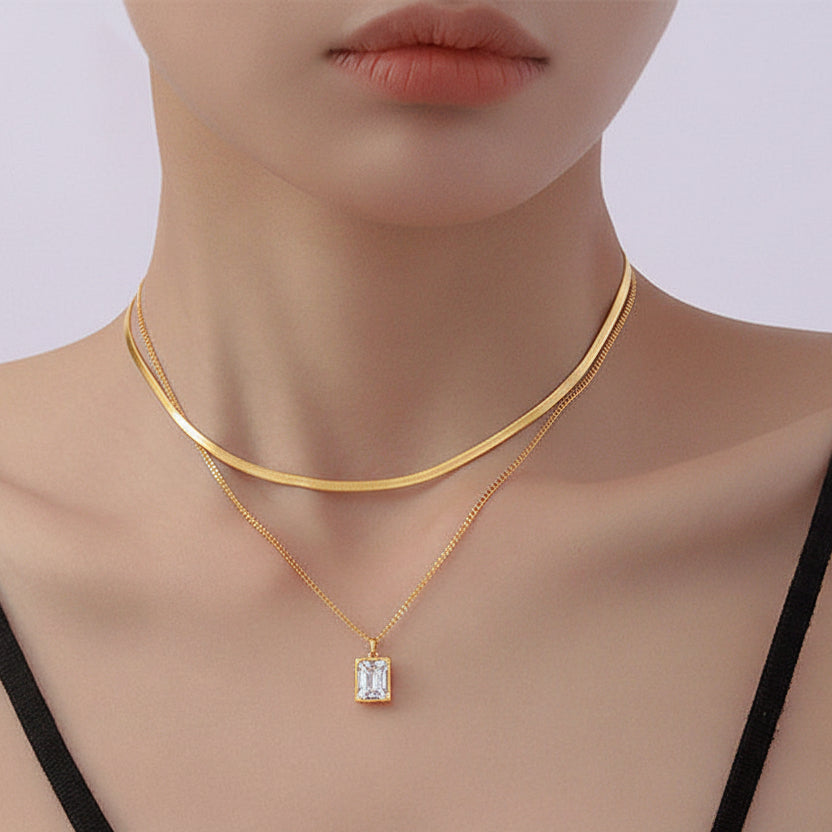 Gold Rectangle Gemstone Necklace