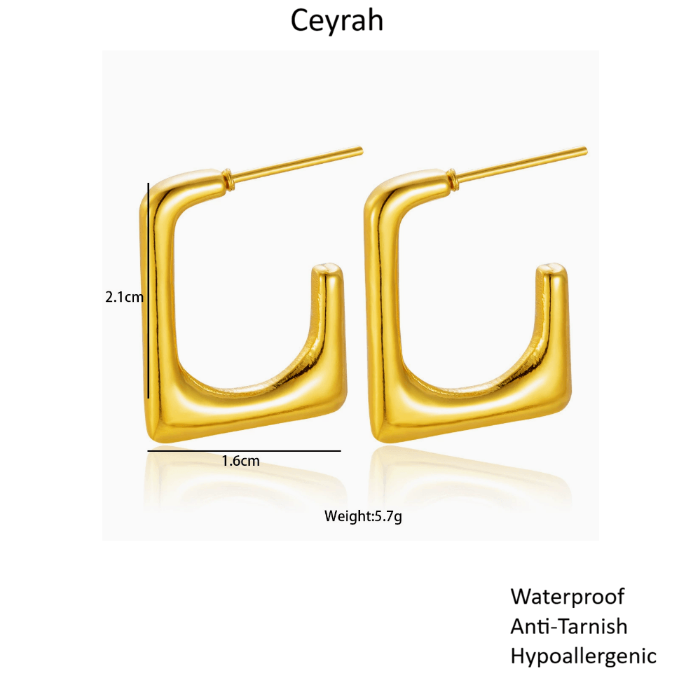 Gold Geometric U-Shaped Stud Earrings on a white background with measurements 