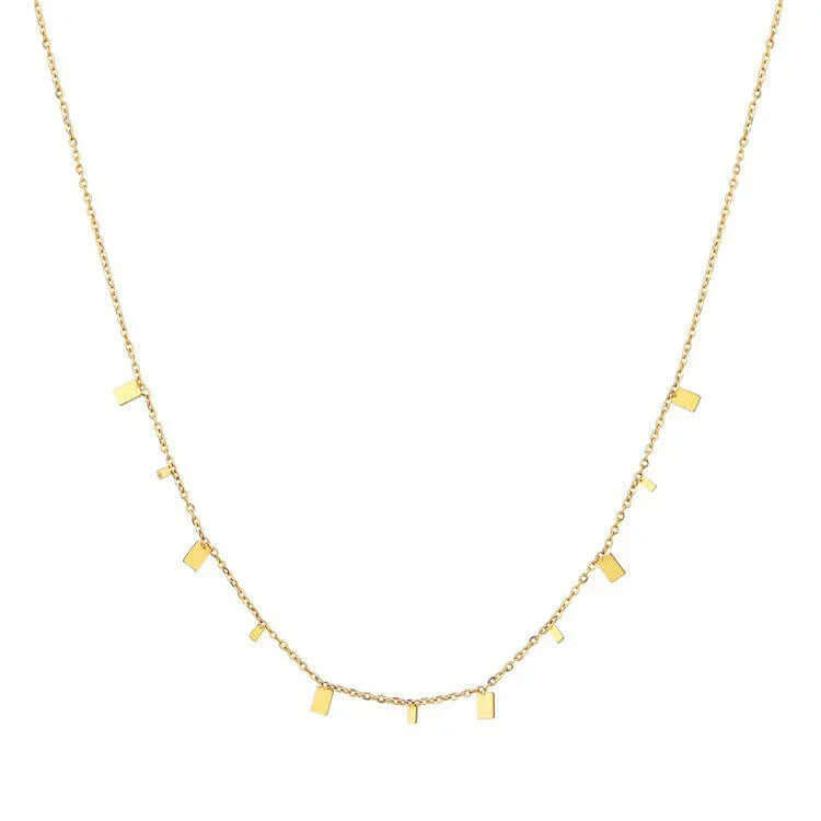 Ceyrah gold necklace with small rectangular charms on delicate chain