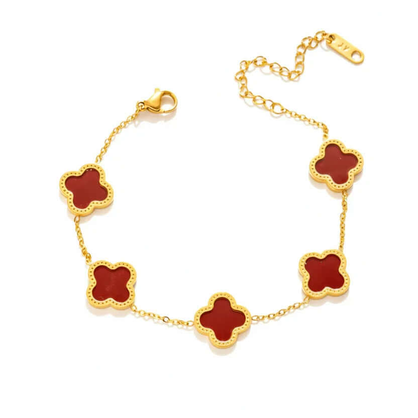Gold chain bracelet with five red clover charms, Ceyrah jewelry