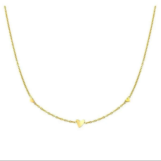Ceyrah gold chain necklace with three small heart charms on white background