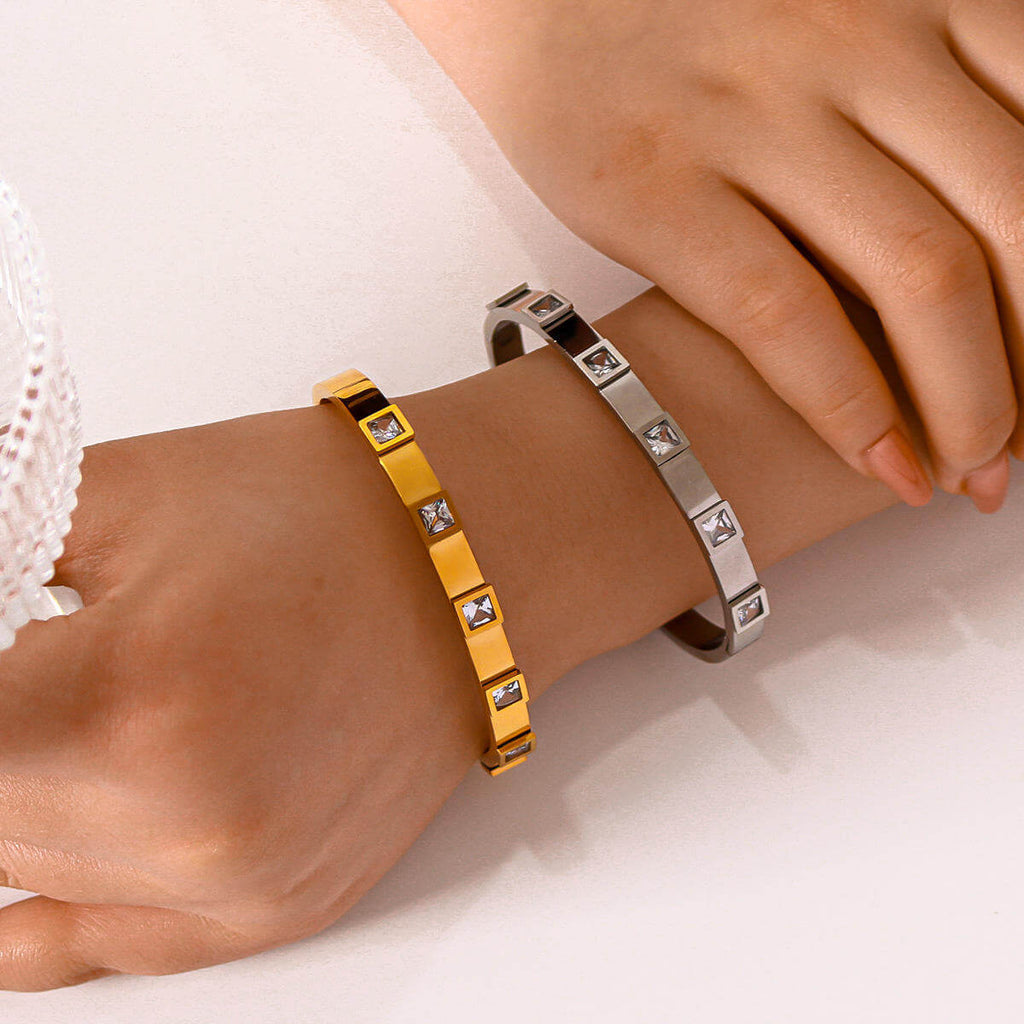 White and silver Square Crystal Bangle Bracelet on model