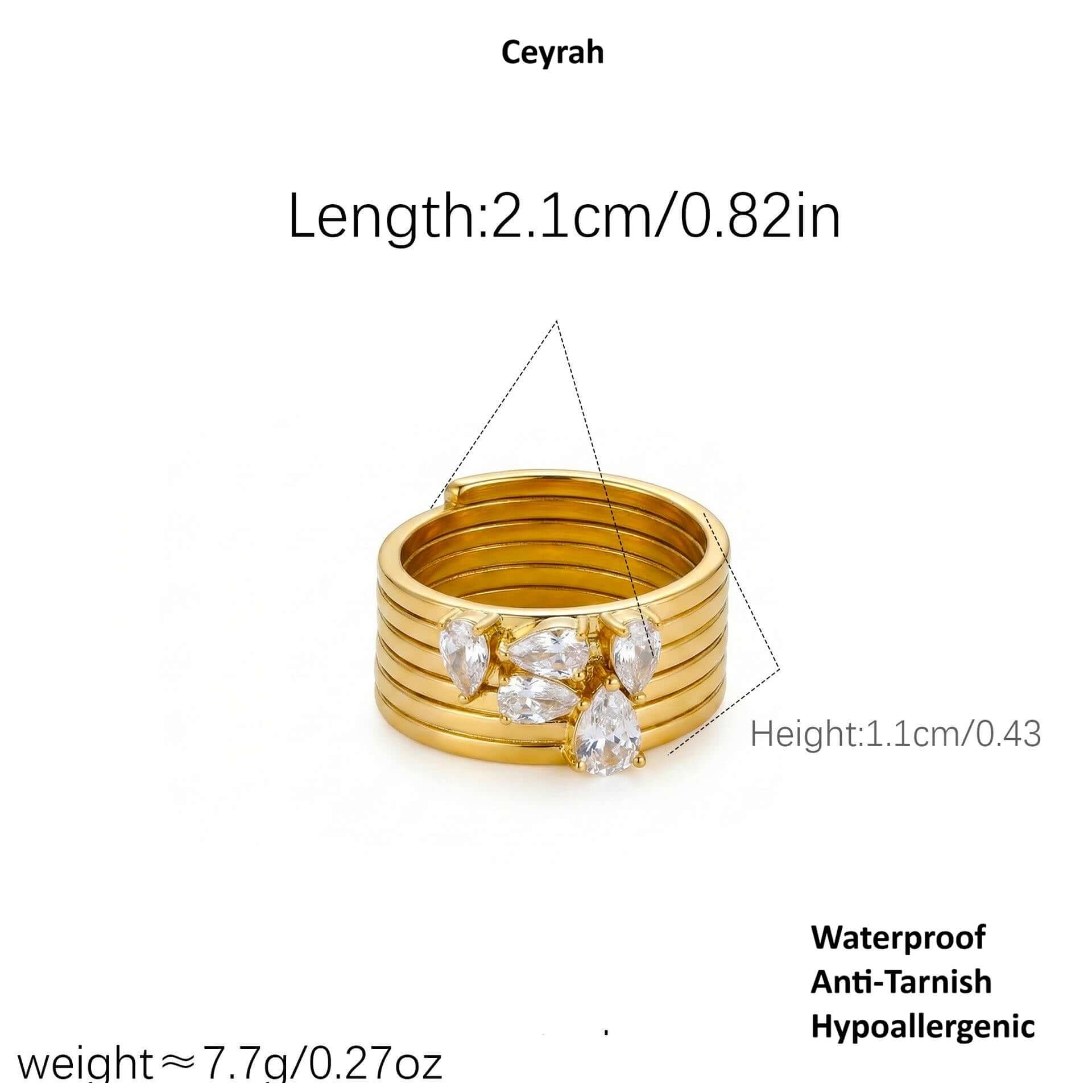 Stacked Gold Teardrop Ring with layered bands and clear gemstones, waterproof and anti-tarnish design.