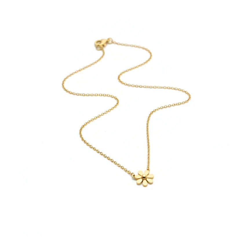 Gold flower pendant necklace on delicate chain, jewelry product for Ceyrah
