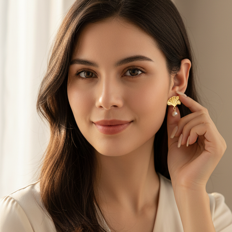 Gold Ginkgo Leaf Pearl Drop Earrings