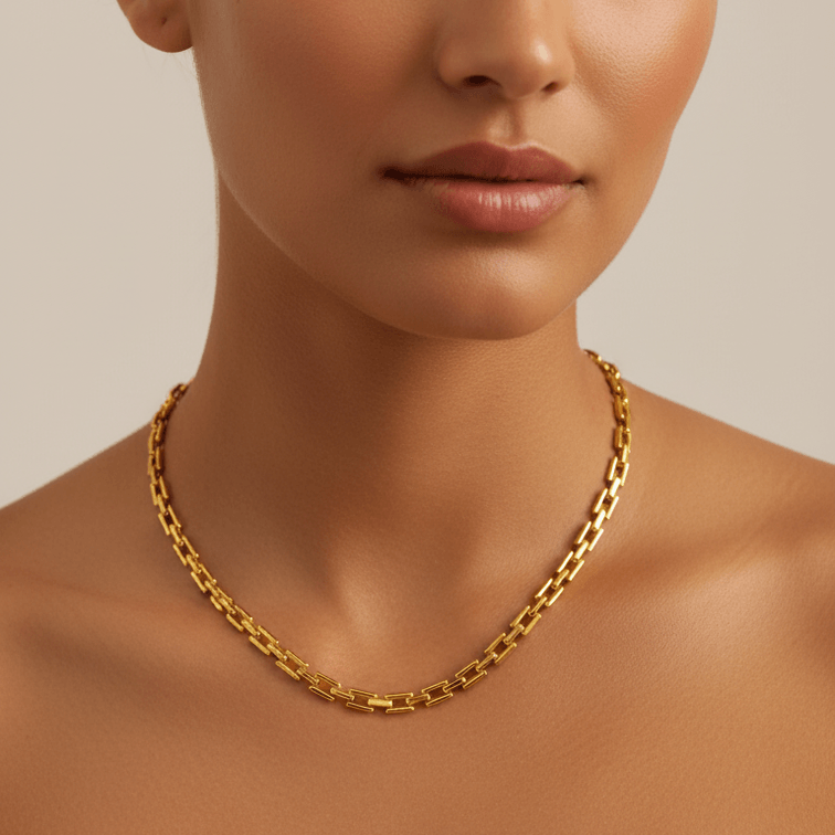Model wearing a modern gold Rectangular Link Chain Necklace with elongated links for a chic look.