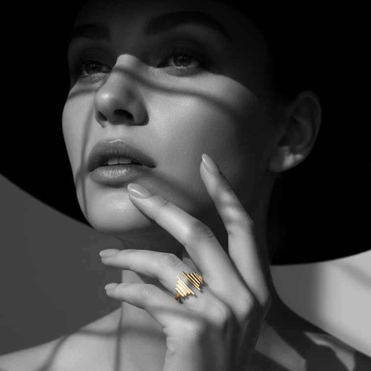 Gold Ridged Open Band Ring worn elegantly on a model's hand with dramatic shadows and a stylish hat.