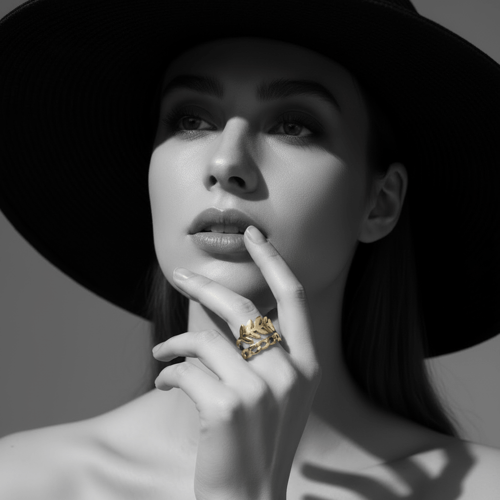 Woman wearing Gold Leaf & Chain Adjustable Ring, highlighting its delicate design and bold elegance.