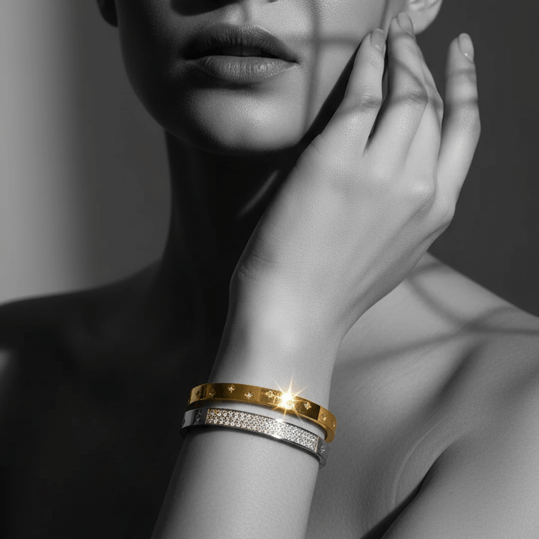 Zirconia Embedded Star Bangle Bracelet on model