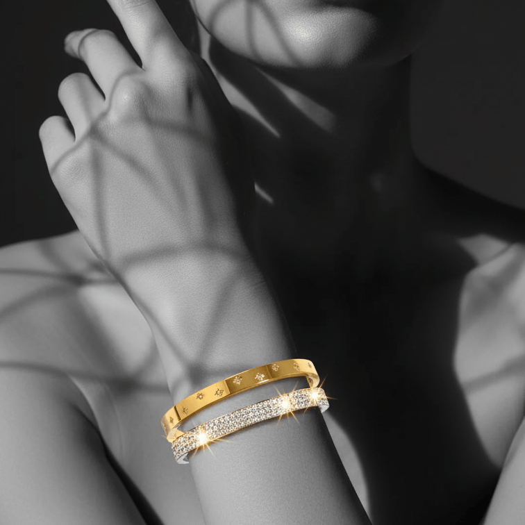 Zirconia Embedded Star Bangle Bracelet on model