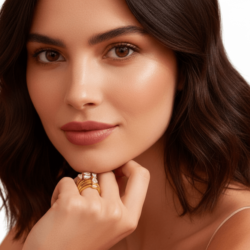 Model showcasing Stacked Gold Teardrop Ring with teardrop-shaped gemstones and layered bands.
