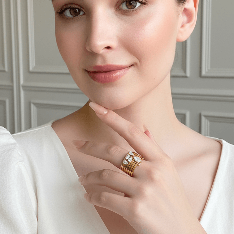 Stacked Gold Teardrop Ring worn by a model, showcasing its bold design and clear teardrop-shaped gemstones.