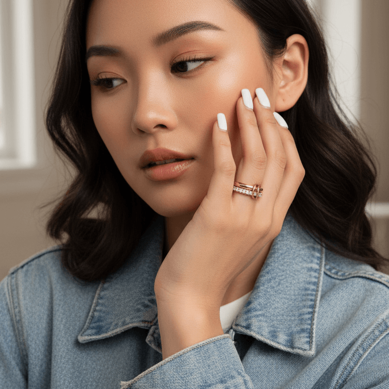 Double Layered Gold Gemstone Ring showcased on a model in a denim jacket, highlighting its elegance and style.