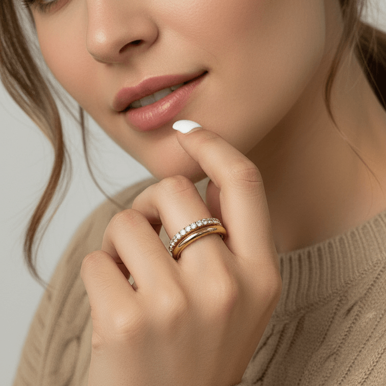 Model showcasing a Double Layered Gold Gemstone Ring on her finger, highlighting its elegance and style.