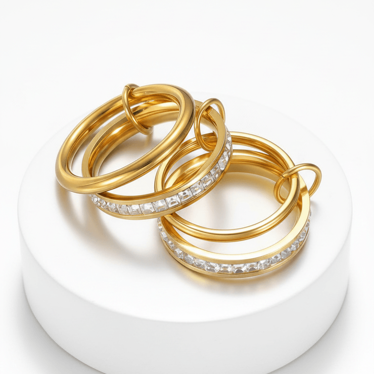 Four Layered Gold Eternity Ring showcasing polished gold bands and clear square-cut stones.