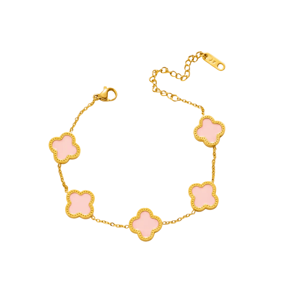 Gold bracelet with five clover-shaped white inlays on delicate chain, Ceyrah jewelry