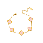 Gold bracelet with five clover-shaped white inlays on delicate chain, Ceyrah jewelry