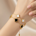 Gold bracelet with five clover-shaped white inlays on delicate chain, Ceyrah jewelry