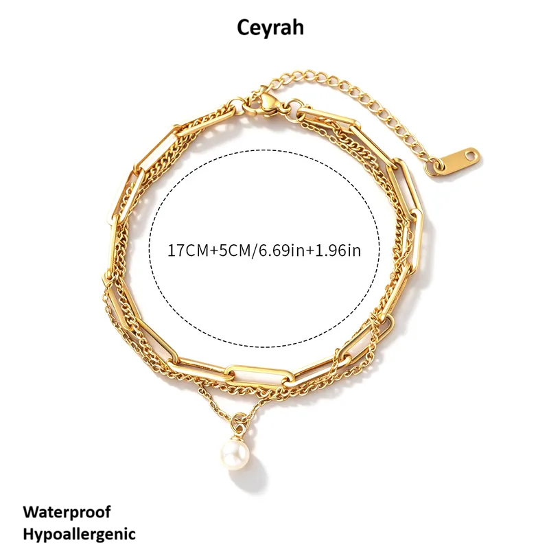 Layered Paperclip Chain Pearl Charm Bracelet, shown on a white background with printed text reading 'Ceyrah,' size '17CM+5CM/6.69in+1.