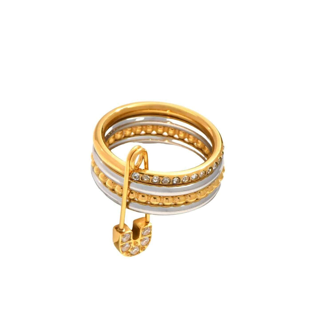 Layered Gold & Silver Safety Pin Ring with a decorative element on a white background